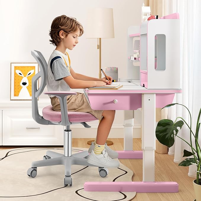 Giantex Kids Desk Chair, Children Computer Chair with Wheels and Y-Shaped Lumbar Support, Mesh Kids Study Seating, Height Adjustable Desk Chair for Girls Boys Aged 4-13, Pink