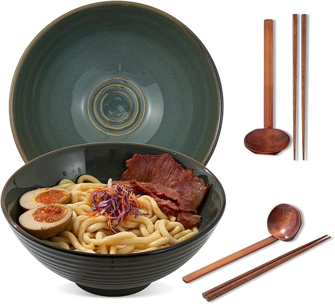 8 Inch Ceramic Ramen Bowl Set of 2, 40oz Japanese Bowls with Spoons & Chopsticks,Durable,Microwave & Dishwasher Safe,Perfect for Ramen,Pho,Salad,Soup,Noodles，Mixing bowls（Dark Teal）