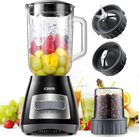 GDOR Blenders for Smoothies, 52 Oz Glass Jar Smoothie Blender, Countertop Blender & Grinder Combo, 9 Functions with 5 speeds for Shakes, Puree, Crush Ice, and Chop, Max 700W