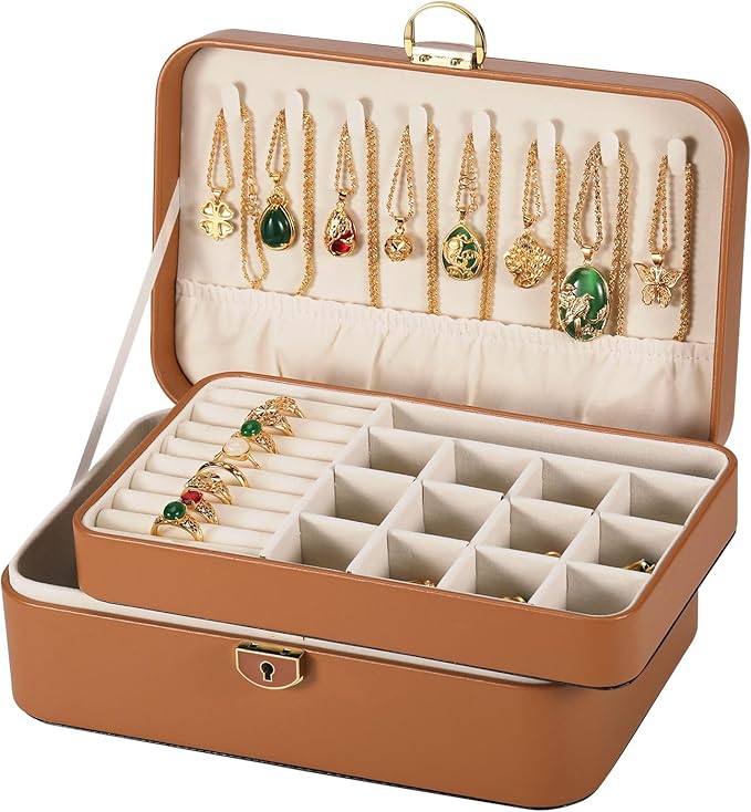 Travel Jewelry Case With Lock, 2-Layer PU Leather Jewelry Box for Women, Ring Box and Jewelry Organizer, Large Jewelry Travel Case,Best Gifts for Women for the Holidays(Brown)