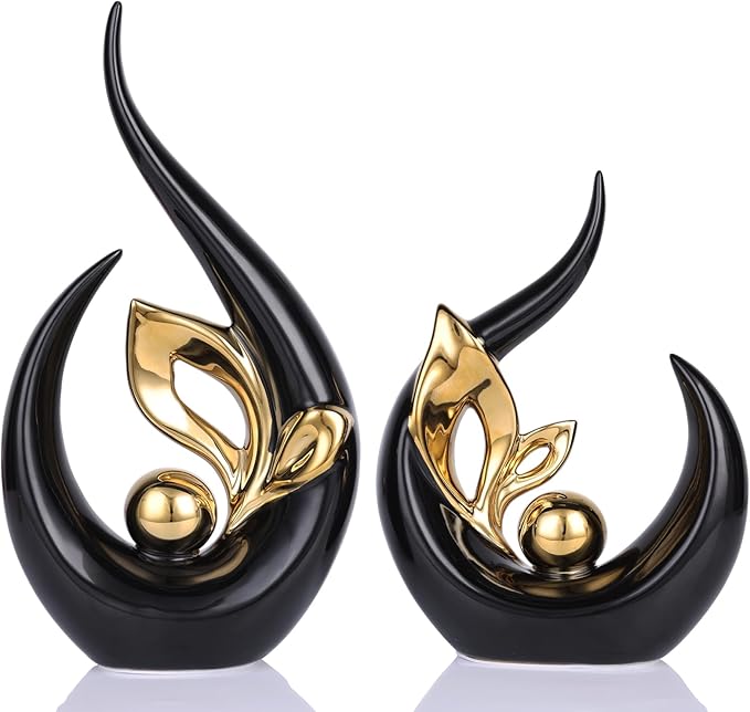 DOVDOV Black and Gold Home Decor, Abstract Ceramic Statue Set of 2 for Home Living Room Shelves, Coffee Tables, Shelves, Dining Table centerpieces