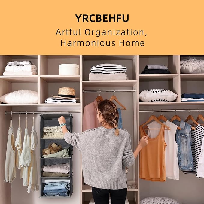 2 Packs Hanging Closet Organizer, 6-Shelf Closet Organizers and Storage with Side Pockets, Collapsible Hanging Shelves for Closet & RV & College Dorm,Grey