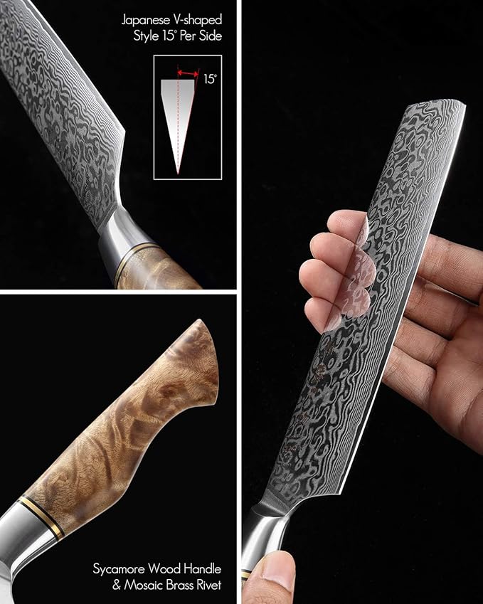 HEZHEN 7 inch Nakiri Knife Japanese High Carbon Steel-Super Durable Cooking Knife-67 Layers of Damascus Steel Sharp Blade -Ergonomic Design for Figured Sycamore Wood Handle