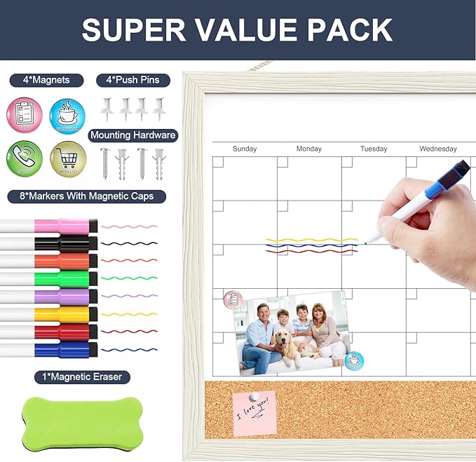 Calendar Whiteboard for Wall, 18x24 Inches Whiteboard Calendar Cork Board Combo, Magnetic Monthly White Board with Wood Framed, Hanging Dry Erase Board for Kitchen Home Office School Planner