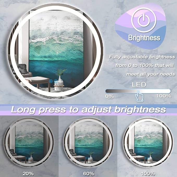 36 Inch Round Bathroom Vanity Mirror with Lights Round Light up Mirror for Bathroom Wall 36 Inch Large Round Mirror Dimmable Anti-Fog Memory 3 Colors Light Bathroom Smart Circle LED Mirrors