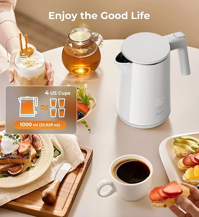 Electric Kettle, 1.0L 1200W Fast Heat with Auto Shut-Off, Boil-Dry Proof, 7 Temperature Control Teapot, Double Wall Stainless Steel Water Boiler Heater, 4H Keep Warm, Cool Touch Tea Pot, White