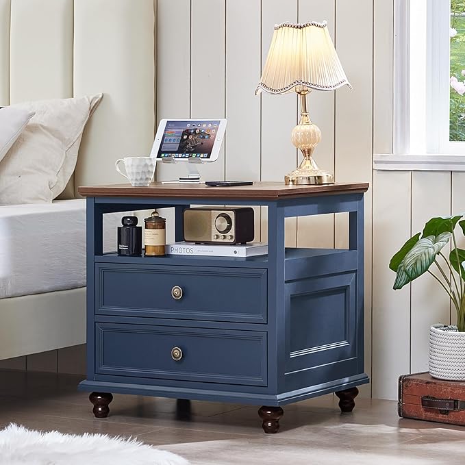 24" Wide Farmhouse Night Stand Set of 2,Large End Table with 2 Drawers & Metal Handle,Blue Wood Dresser for Bedroom, Bed Side Table Chest of Drawers Cabinet, Nightstand for Living Room,Closet