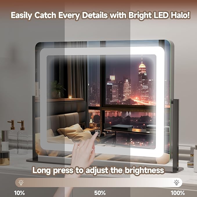 PRIMETEK Vanity Mirror with Lights, 22"x19" Large Makeup Mirror with Lights, LED Lighted Hollywood Makeup Mirror, Touch Sensor with 3-Color Lighting, Dimmable for Vanity Desk Tabletop, Bedroom, Black