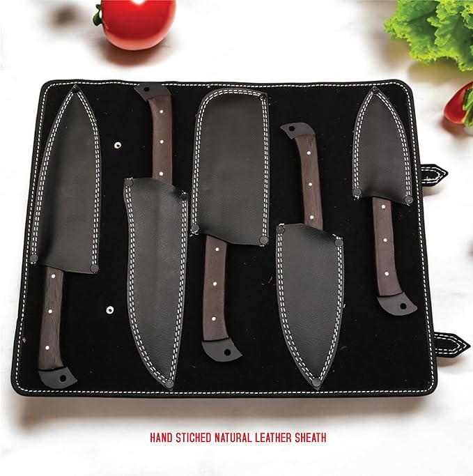 5 PCS Handmade Kitchen Chef Knife Set Hand Forged High Carbon Steel Blade Wengiwood Handle With Leather Bag Kit set included (Chef, Cleaver, Butcher, Paring, Fillet knife, Utility Knife) (Wengi Wood)