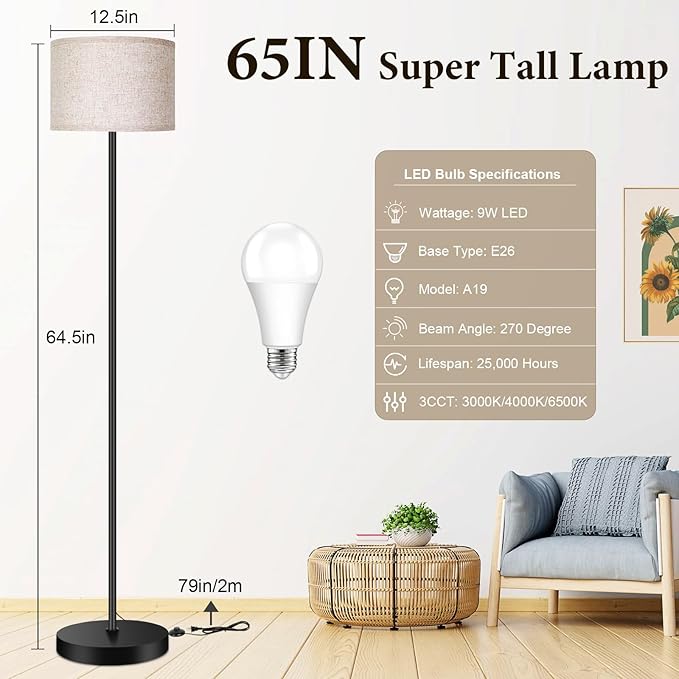 TOBUSA 65’’ Floor Lamp for Living Room Bedroom with 3CCT LED Bulb, Modern Standing Lamp Drum Shade, Standing Lamp with Foot Switch Black Pole, Dimmable Simple Design Stand Up Lamp for Office Reading