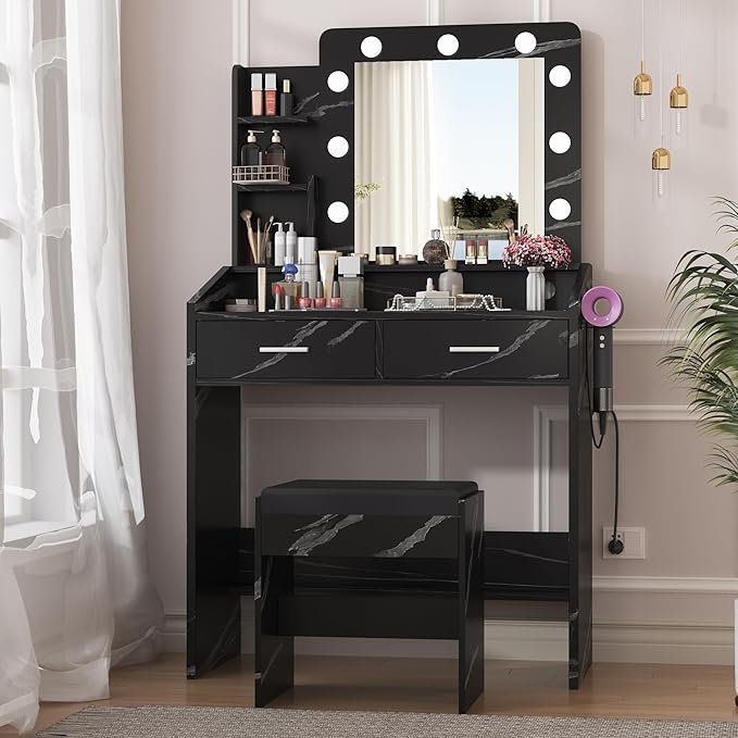 Vanity Desk with Mirror and Lights for Bedroom, Marble Black Modern Makeup Table with 2 Drawers, 3 Light Modes & Dimmable LED, Includes Stool
