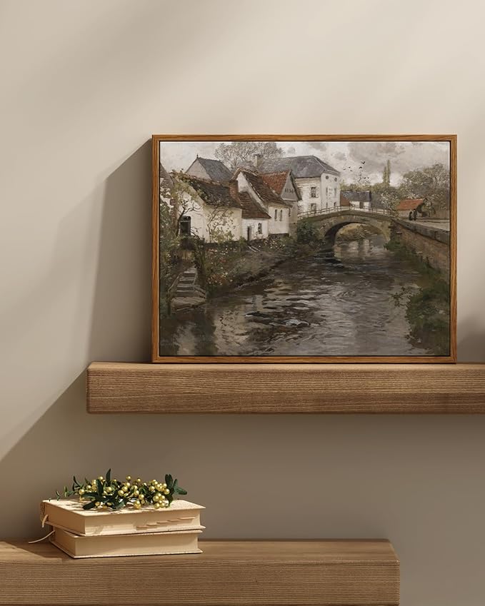 InSimSea Framed Canvas Wall Art Vintage Decor, Landscape Wall Art, Riverside Small Town Pictures Home Decor, Rustic Farmhouse Wall Print for Bedroom Living Room, 12"x16"