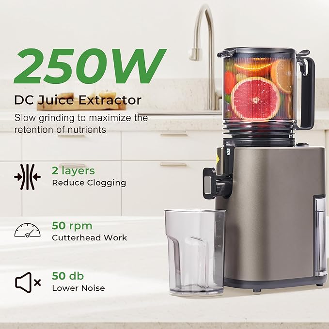 Masticating Juicer with 250W DC Motor, 5.4" Wide Feed Chute, Slow Cold Press Juice Extractor for Whole Fruits & Vegetables, High Juice Yield (DC-Gray)