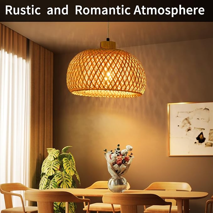 23.6inch Bamboo Rattan Pendant Light, Hand-Woven Wicker Boho Hanging Ceiling Light Fixture, Beige Pendant Lamp Rustic Farmhouse Chandelier for Kitchen Island, Dining Room, Bedroom, Living Room