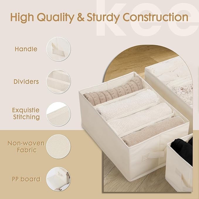 Criusia 6 Pack Large Clothes Organizer, Wardrobe Closet Organizer and Storage with Handles, Foldable Fabric Closet Organizers Dividers for Clothing, Pants, Jeans, Sweater, T-shirts, Beige