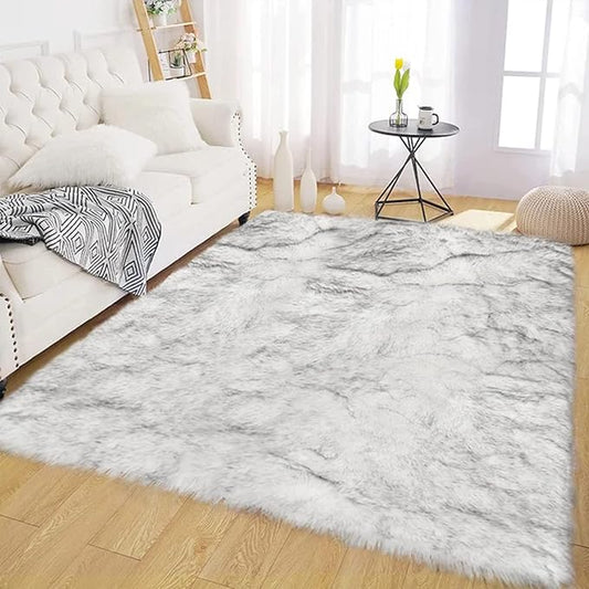 Latepis 6x9 Faux Sheepskin Rug for Living Room Fluffy Washable Rugs for Bedroom Luxury Room Decor White with Grey Tips Rug for Bedroom Fluffy Rectangle