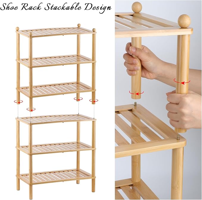 3-Tier Shoe Rack,Shoes Organizer,for Front Door Entrance, Free Standing Shelf Entryway and Closet Hallway, Small Space Stackable Bamboo Multifunctional Racks