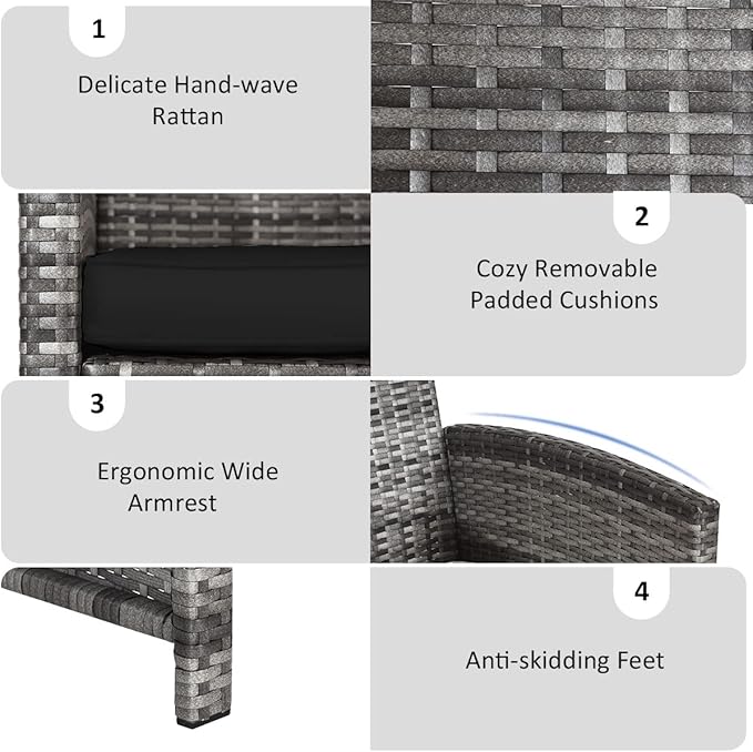 Tangkula 4 PCS Wicker Patio Conversation Set, Outdoor Rattan Sofas with Table Set, Patio Furniture Set with Soft Cushions & Tempered Glass Coffee Table for Poolside Balcony