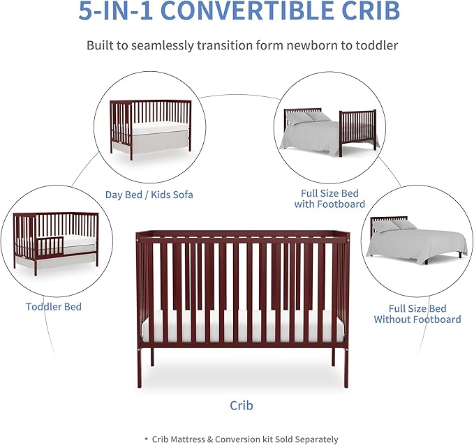 Baby Crib 5-in-1 Convertible, Wooden Nursery Cribs Converts to Toddler Bed, Daybed and Full Size Bed, 3 Adjustable Base, Non-Toxic Finish (Cherry)