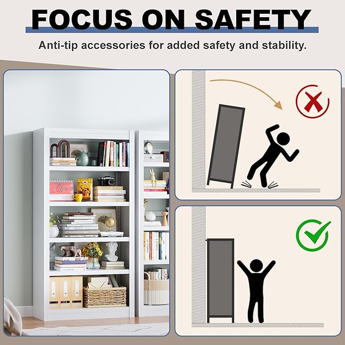 61" Metal Bookshelf and Bookcase | 5-Tier Adjustable Shelves, Deep Modern Storage Shelf for Living Room, Office, Bedroom (White)