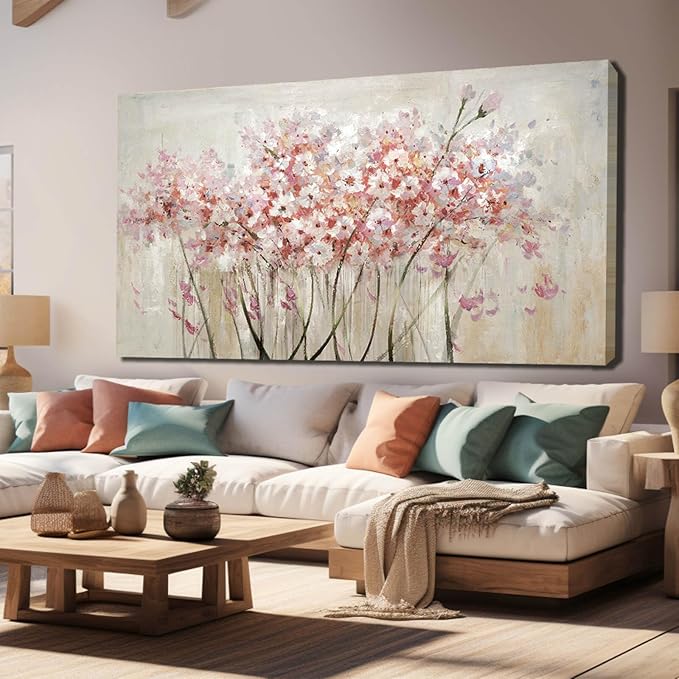 YJYart Home Decor Pink Blossom Hand Painted 30x60 Inch Colorful Wall Art Large Canvas Wall Art for Living Room Bedroom Office Kitchen