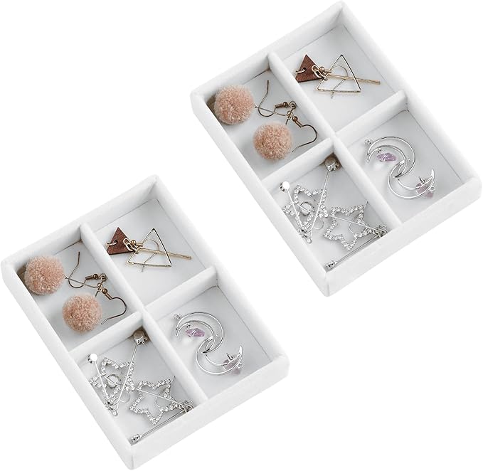 Frebeauty Small Jewelry Tray Set,Stackable Velvet Jewelry Organizer Tray,Mini Jewelry Drawer Organizer,Drawer Inserts,4.92 x 3.74 x 0.9 Inches,4 Grid Earring Organizer for Women(Set 2,White)
