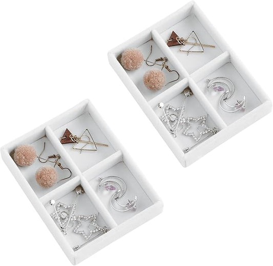 Frebeauty Small Jewelry Tray Set,Stackable Velvet Jewelry Organizer Tray,Mini Jewelry Drawer Organizer,Drawer Inserts,4.92 x 3.74 x 0.9 Inches,4 Grid Earring Organizer for Women(Set 2,White)