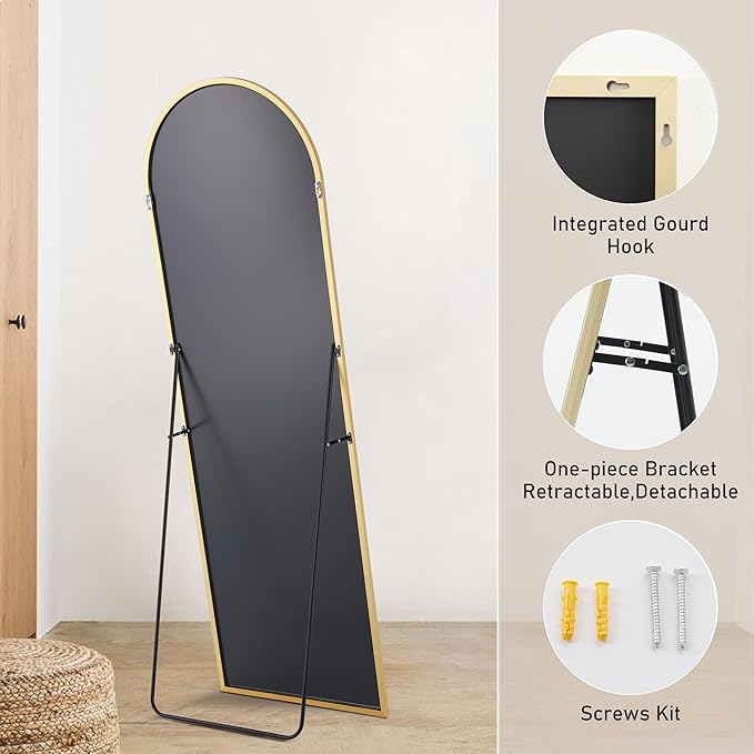 OLIXIS Arched Full Length Mirror 64"x 21" for Bedroom, Full Body Mirror with Stand, Hanging or Leaning for Wall, Aluminum Alloy Thin Frame Floor Standing for Living Room, Long, Gold