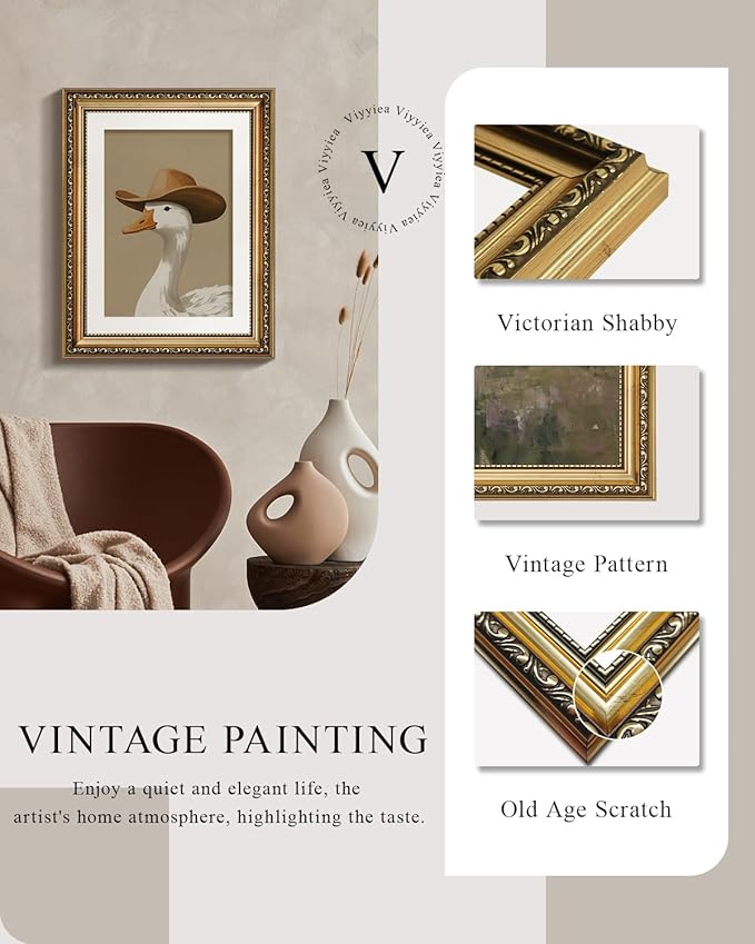 VIYYIEA Vintage Gold Framed Wall Art for Living Room, Trendy Cowboy Duck Artwork Prints Decor, Modern Maximalist Wall Decor, Gallery Picture Painting, for Bedroom Bathroom Kitchen 14L x 11W