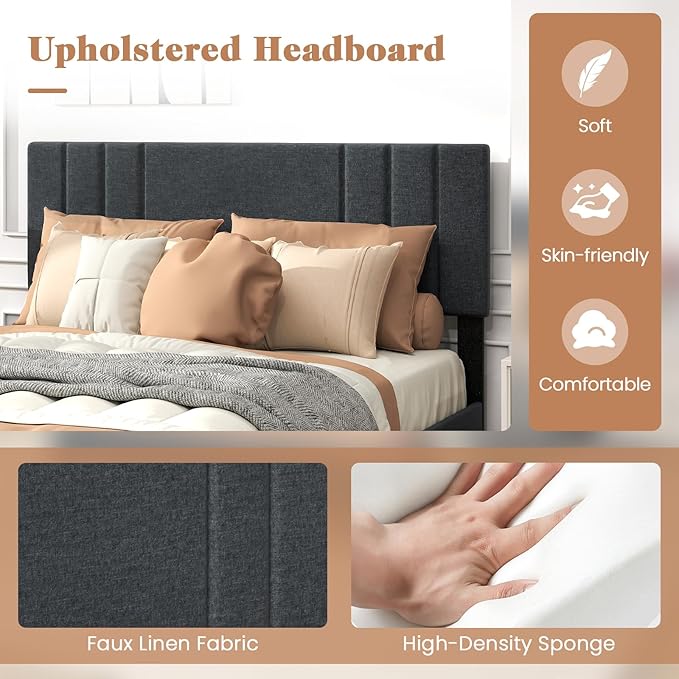 Giantex Queen Platform Bed Frame, Modern Upholstered Bed Frame with Vertical Channel Tufted Headboard, Wooden Slats Support, No Box Spring Needed, Gray