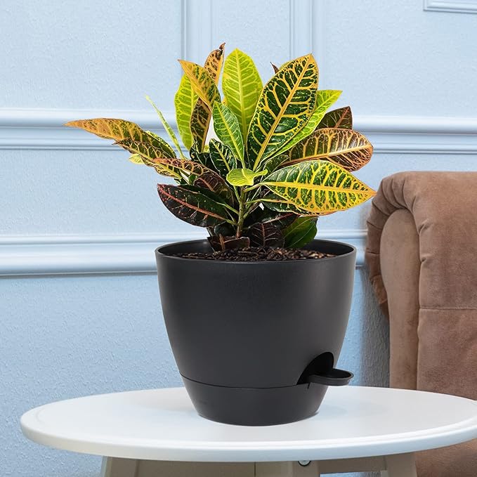 Large Self Watering Pots, 12/10/9 Plastic Planters with High Drainage Holes and Deep Reservoir for Indoor Outdoor Garden Plants and Flowers, Black