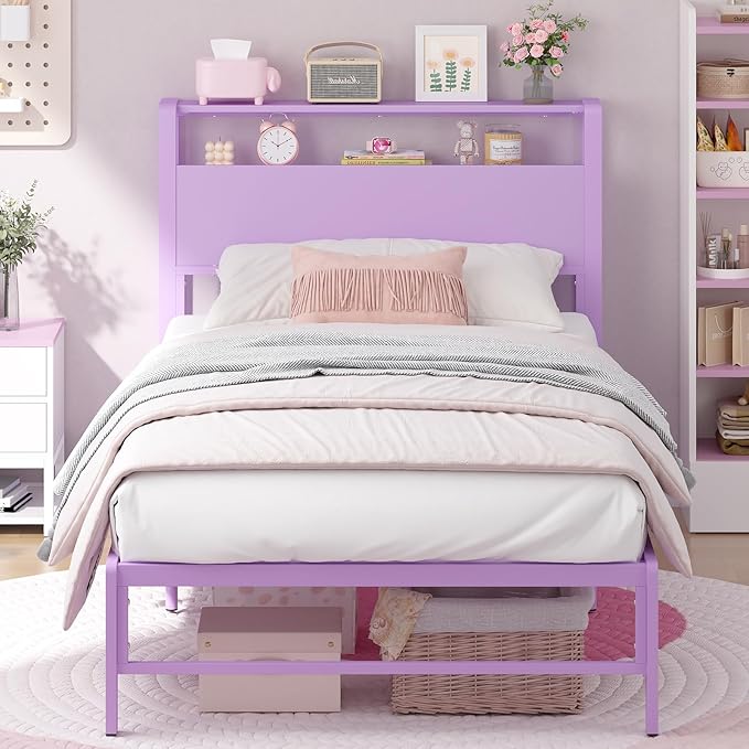 Weehom Twin Bed Frames for Kids with 2 Tiers Wood Storage Shelves Headboard, Twin Size Bed No Box Spring Needed Under Bed Storage Space Metal Platform for Girls and Adults, Purple