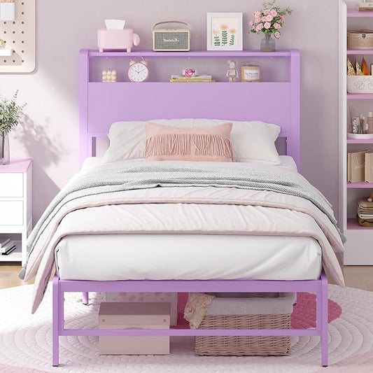 Weehom Twin Bed Frames for Kids with 2 Tiers Wood Storage Shelves Headboard, Twin Size Bed No Box Spring Needed Under Bed Storage Space Metal Platform for Girls and Adults, Purple