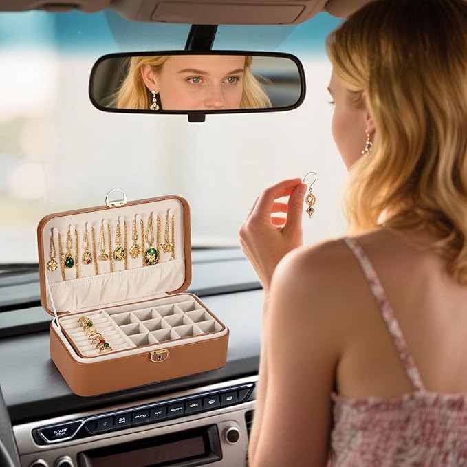 Travel Jewelry Case With Lock, 2-Layer PU Leather Jewelry Box for Women, Ring Box and Jewelry Organizer, Large Jewelry Travel Case,Best Gifts for Women for the Holidays(Brown)