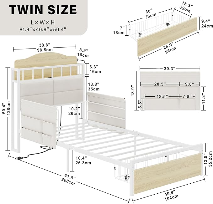 LIKIMIO Twin Bed Frame with Guardrail & Bedside Caddy, Multifunctional Headboard with Charging Station, Durable Metal Platform Bed, Noise-Free, No Box Spring Needed, White