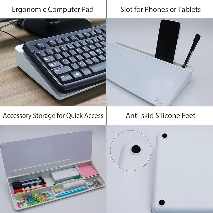 TOWON Small Tilted Desktop Glass Whiteboard, Notepad Computer Keyboard Stand with Dry Erase Board Surface, Desk Organizers with Accessories for Office, Home, School Supplies, White, 17 x 6 Inches