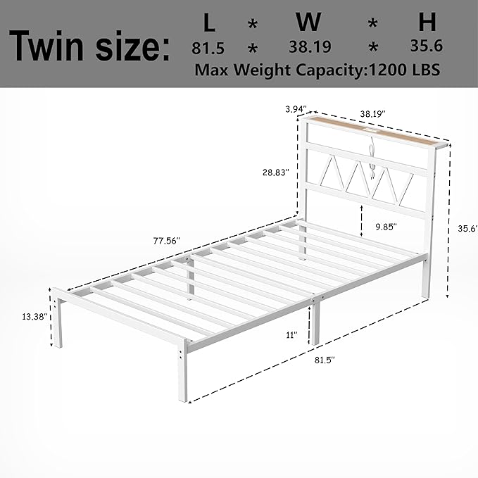 Full Bed Frame with Smart LED Lights, Storage Headboard and USB Charging Station,Heavy Duty Wooden Slats, No Box Spring Needed, Noise Free, Easy Assembly (Classic White, Twin)