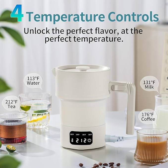 Travel Electric Kettle-Collapsible Portable Electric Kettle, 600W Foldable Small Water Boiler with 4-Temp Presets, Food Grade Silicone for Hotel, Office, Camping (Beige, 600mL)