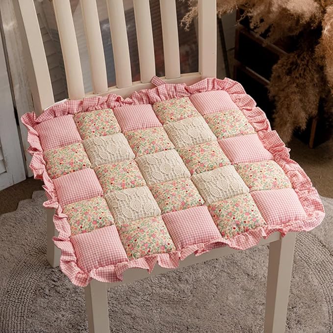 vctops Lace Patchwork Chair Pad Cushion with Ties, Elegant Ruffle Edge Decorative Cushions Farmhouse Floral Pattern Square Seat Cushion for Kitchen Dining Room Office (Type J,16"x16")