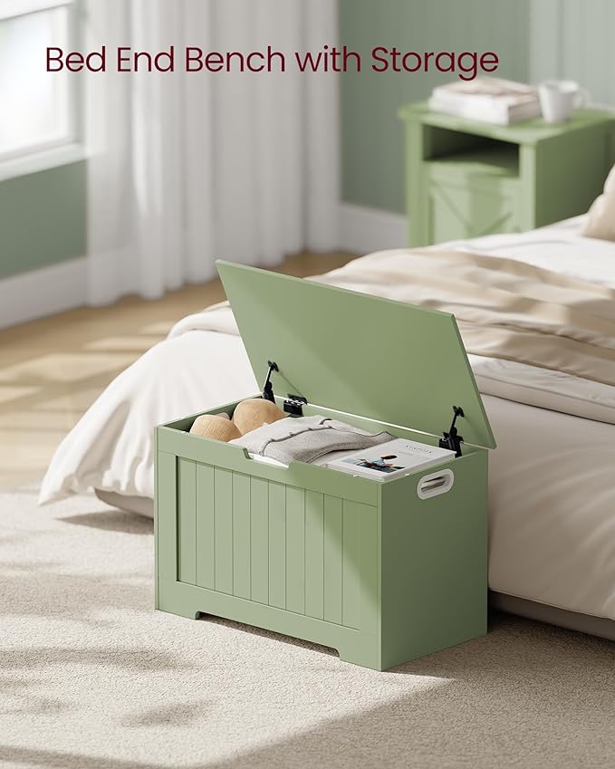 VASAGLE Storage Chest, 29.9 Inches Width Storage Bench, Entryway Bench with 2 Safety Hinges, Shoe Bench, Farmhouse Style, for Entryway, Bedroom, Living Room, Laurel Green ULHS011C01
