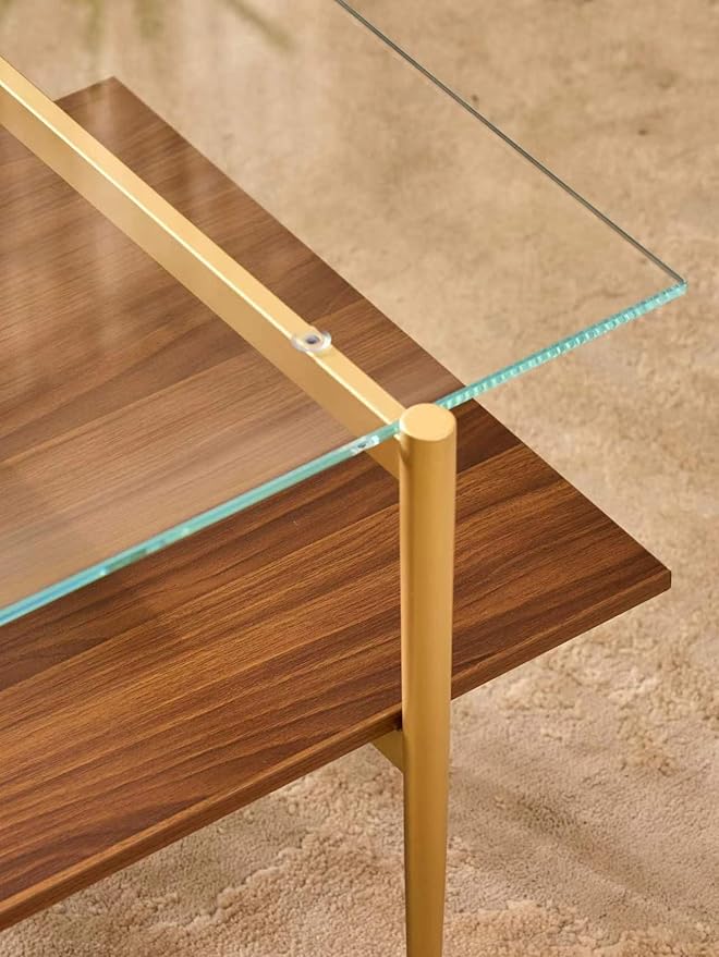 Shrine Rectangle Coffee Table, Mid-Century Modern Design, 2-Tier Structure, Clear Glass Top and Walnut MDF Shelf, 41" D x 21" W x 17" H, Sleek Conical Metal Legs with Gold Finish