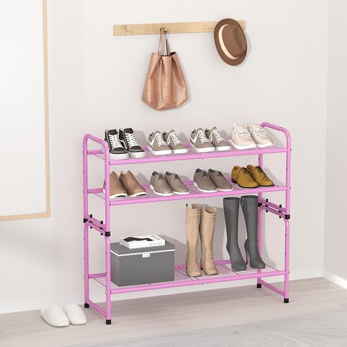 SUFAUY 2-Tier 33" Wide Shoes Rack Shelf for Closet Metal Stackable Shoe Storage Organizer, Wire Grid, Pink