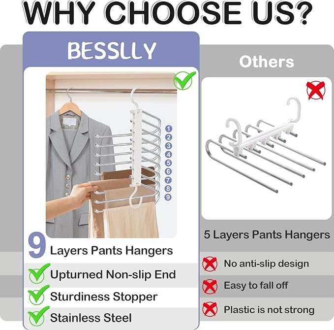 Upgrade 9 Layers Pants Hangers Space Saving, 2 Pack Pant Hangers Organizer Multifunctional Pants Rack Space Saver Closet Organizers and Storage Hangers for Pants Jeans Leggings Trousers Skirts, White