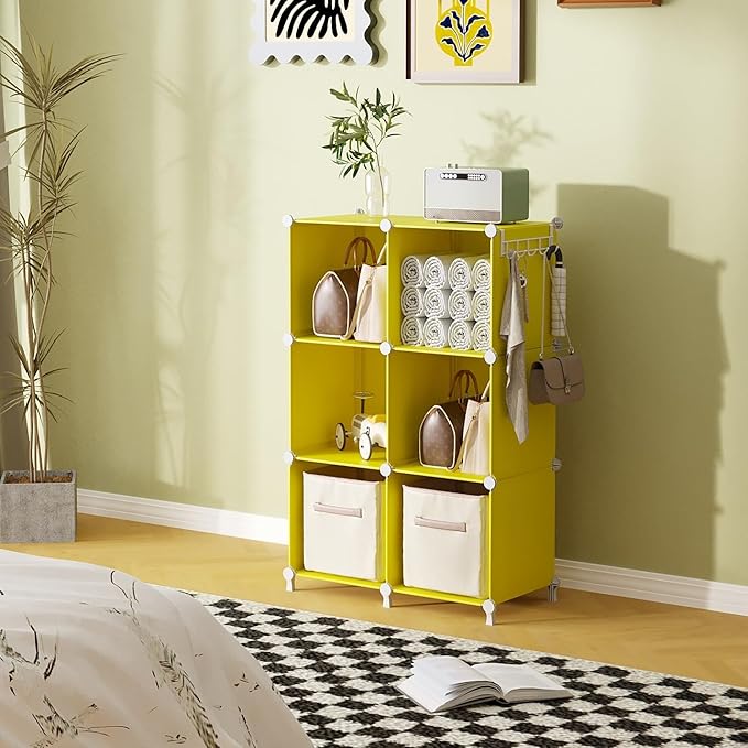AWTATOS Cube Storage Organizer, 6 Cube Closet Organizers and Storage, DIY Stackable Bookshelf Plastic Clothes Organizer Shelving for Bedroom, Home, Yellow
