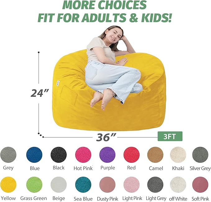 3FT Bean Bag Chair with Ultra Soft Velvet Cover Bean Bag Sofa with Memory Foam Bean Bag Chairs with Large Size Lazy Sofa for Dorm Office Living Room Bedroom Yellow 3'