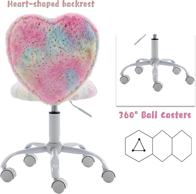 Kmax Kids Reading Chair, Rolling Cute Desk Chair for Girls Swivel Office Chair with Wheels & Heart Back Adjustable Childrens Vanity Chair for Bedroom Reading Room - Faux Fur, Colorful
