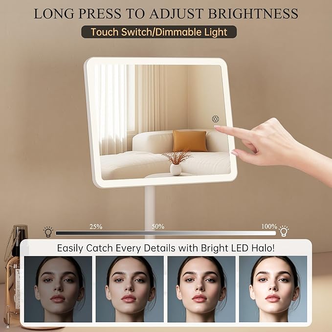 FUNTOUCH Vanity Mirror with Lights, Rechargeable Makeup Mirror with Lights,Smart Touch with 3-Color Lighting, Dimmable, Detachable 40X Magnification for Vanity Desk Tabletop,White