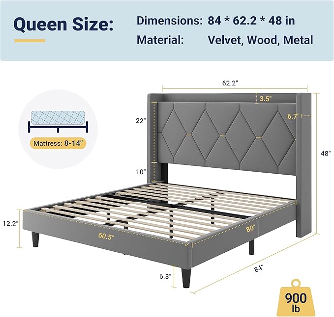 Allewie Velvet Queen Upholstered Bed Frame with Wingback Storage Headboard & Charging Station, Platform Bed with Diamond Tufted Design & Gold Trim, No Box Spring Needed, Easy Assembly, Grey
