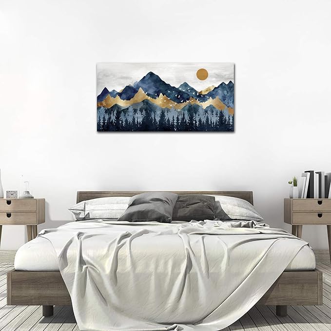 Abstract Nordic Canvas Wall Art - Indigo Blue and Brown Mountain Forest Picture Wall Decor Sun Birds Canvas Painting Nature Landscape Prints Artwork for Living Room Bedroom Decoration 29" x 58"
