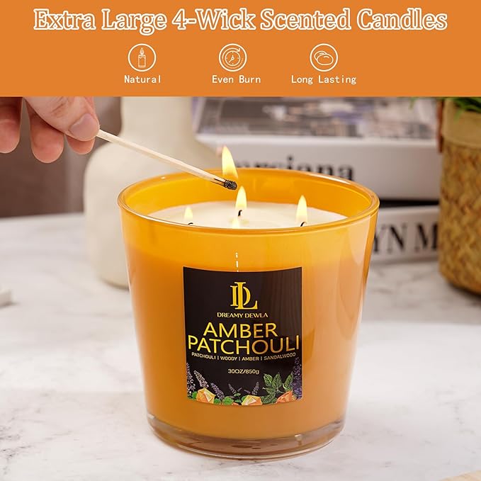 Amber Patchouli Scented Candle, Large 30oz Natural Soy Candles, 4-Wick 80 Hour Burn Time, Home Fragrance Candles Housewarming Gift for Women Men